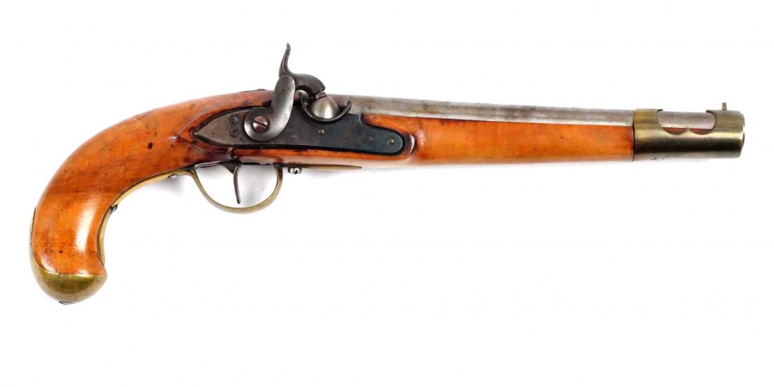 Large Unmarked Percussion Conversion S.S. Pistol: Serial # NSV 10.5" barrel, .70bore This pistol is devoid of any maker or inspection marks and appears to be early American colonial style. The stock appears to be maple; barrel is finished in the whit
