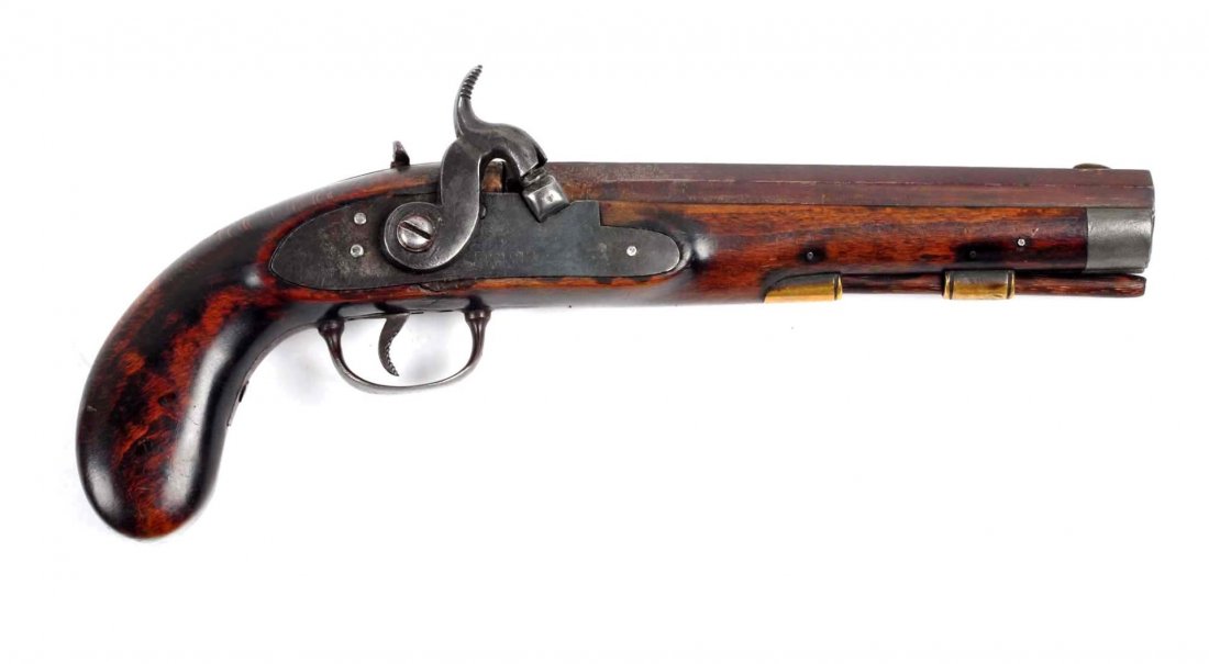 Ashmore Kentucky Single Shot Percussion Pistol.: Here is a nice US made "KENTUCKY" percussion belt pistol. Bore measure .36 caliber and is smooth bored. Has a 7" full octagon barrel, rear sight set in tang, two brass rod retaining thimbles, dull gun