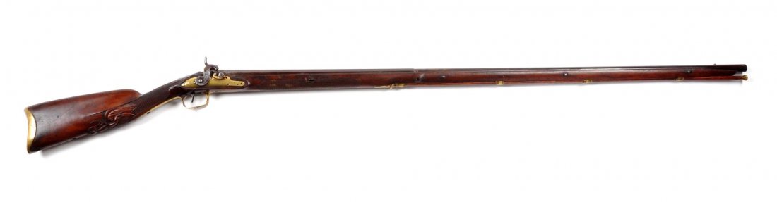 Signed Early Full Stock Percussion Musket.: 47” barrel in .69 bore-percussion. Continental circa 1775 with later conversion to percussion, the 47” octagon to round browned barrel signed in gilt on the top-rib 'CANON CORDU'. The breech is co