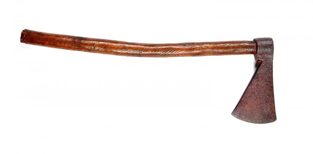 Colonial Wood Handled Axe.: Typical blacksmith iron blade ax with a 4" wide blade measures 7-1/4" in length. Attached to a hand carved wood handle that is 21" long. This is a type of belt axe carried in the Frontiers of Pennsylv
