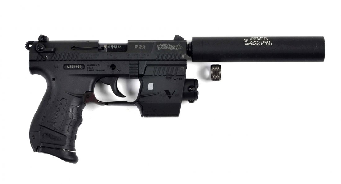 **Walther P22 Semi-Automatic Pistol.: Serial # L355466 .22 LR caliber with a 3-1/2" barrel. Offered is a Walther P22 double action semi-automatic pistol with the polymer frame, matte finish, white dot sights and a laser sight attached. Co