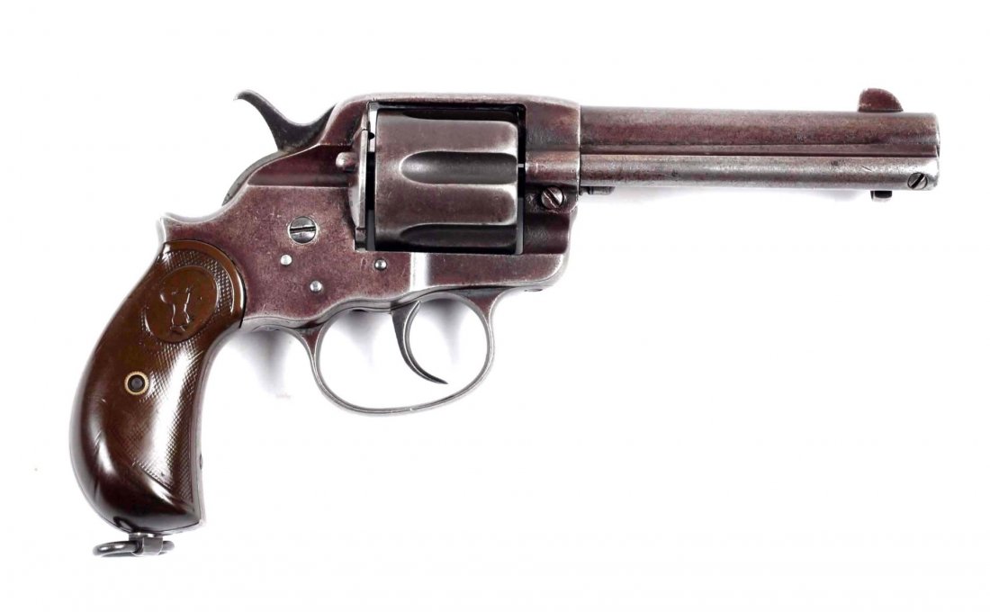 Colt Model 1878 D.A. Frontier Six Shooter Revolver: Serial # 32063 .44-40 caliber with a 4-3/4" barrel. Manufactured in 1893. This is a standard roll-die Frontier six shooter, .44 caliber double action six shot revolver. All metal surfaces are a pleasi