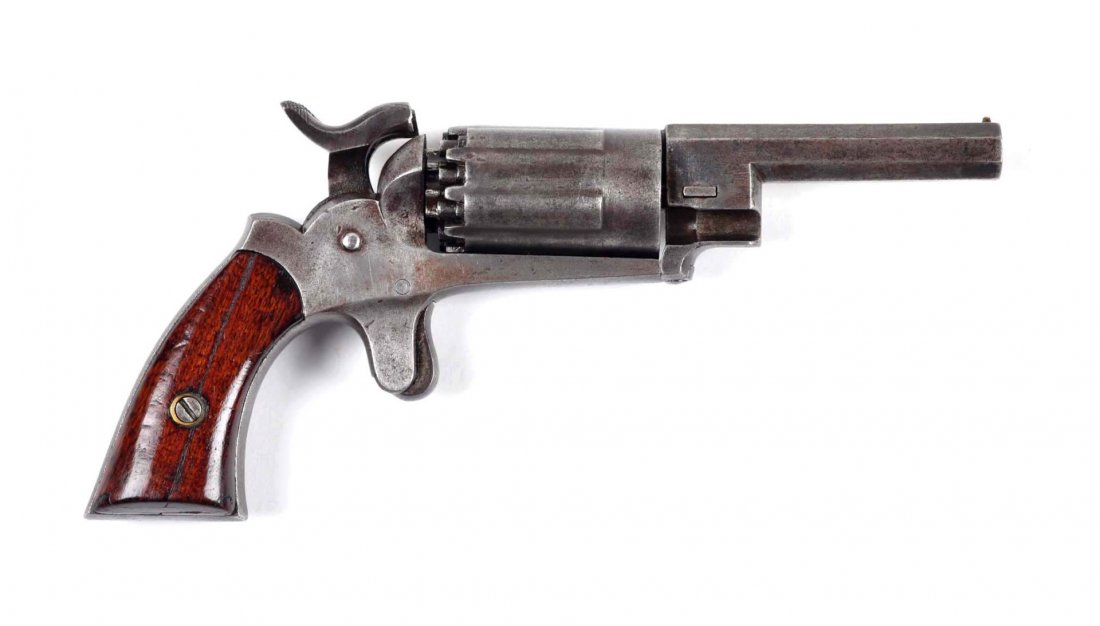 Walch Firearms Co. 10 Shot Pocket Revolver.: Serial # 1584 .31 bore percussion with a 3-1/4" barrel. Approximately 3,000 of these unusual spur trigger, ten shot, single action pocket revolvers were manufactured by the New Haven Arms Co., which w