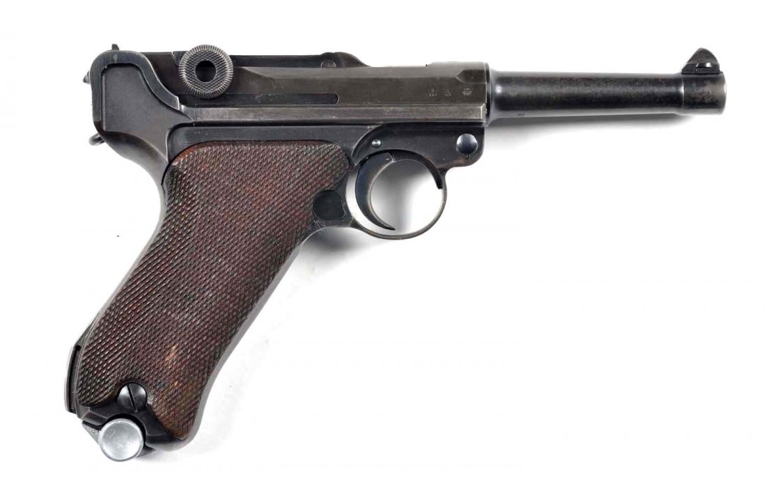 **1937 Code S/42 German Luger Semi-Auto Pistol.: Serial # 1265 This is a standard early World War II issue German Luger semi-automatic pistol chambered for the 9mm cartridge with 1937 stamped on receiver. It has all matching numbers. Features a 4" b