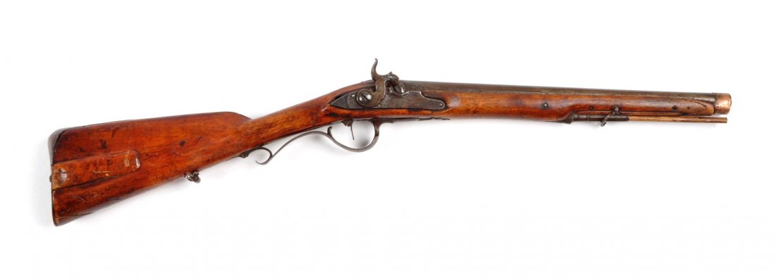 Early American Flintlock Poys Rifle Conversion.: This rifle was made/altered for a young child. It was converted from flintlock to percussion at one time. It has a homemade thin brass front barrel band, has a single rod retaining thimble, has a Penn