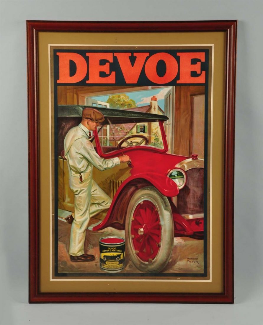 Devoe Motor Car Finish Poster.: Professionally framed and matted. Has very minor creases and a small tear at the top of the page (1" long). Bright colors and great images. Print was done by artist Herbert Meyer. Condition (9.0 Plus)