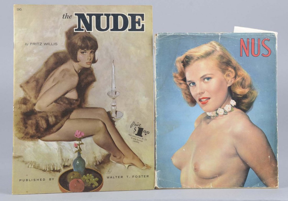 Lot Of 2: Pin Up Books: Two soft cover magazine styled books on pin ups. 1 - NUS Pin Up Magazine with several nude black and white photographs, 1 - The Nude by Fritz Willis, a pin up instructional book on pin up illustration