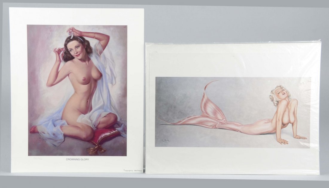 Lot Of 3: Pin Up Prints: Three pin up prints from various artists including 1 - Limited print of "Crowning Glory" by Zoe Mozert. Print is numbered 783/950, 1 - 1982 calendar print of Marilyn Monroe as a mermaid by Olivia DeBe
