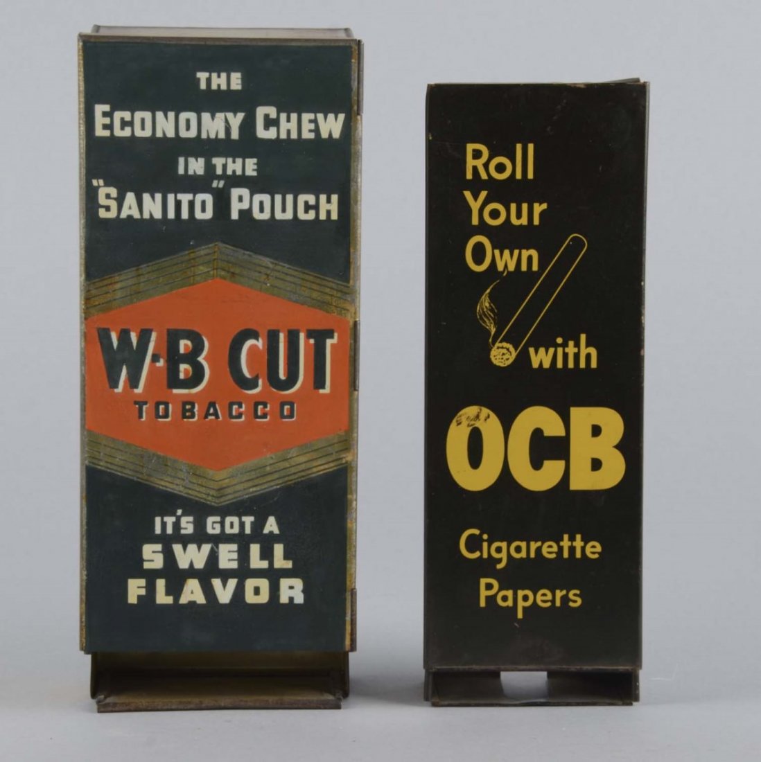 Lot Of 2: Tin Litho Tobacco Product Dispensers: Including 1 - for W-B Cut chewing tobacco that reads "The Economy Chew in the Sanito Pouch" and "It's Got a Swell Flavor," & 1 - for OCB cigarette papers. Condition (Good - Very Good). Size Largest: 4