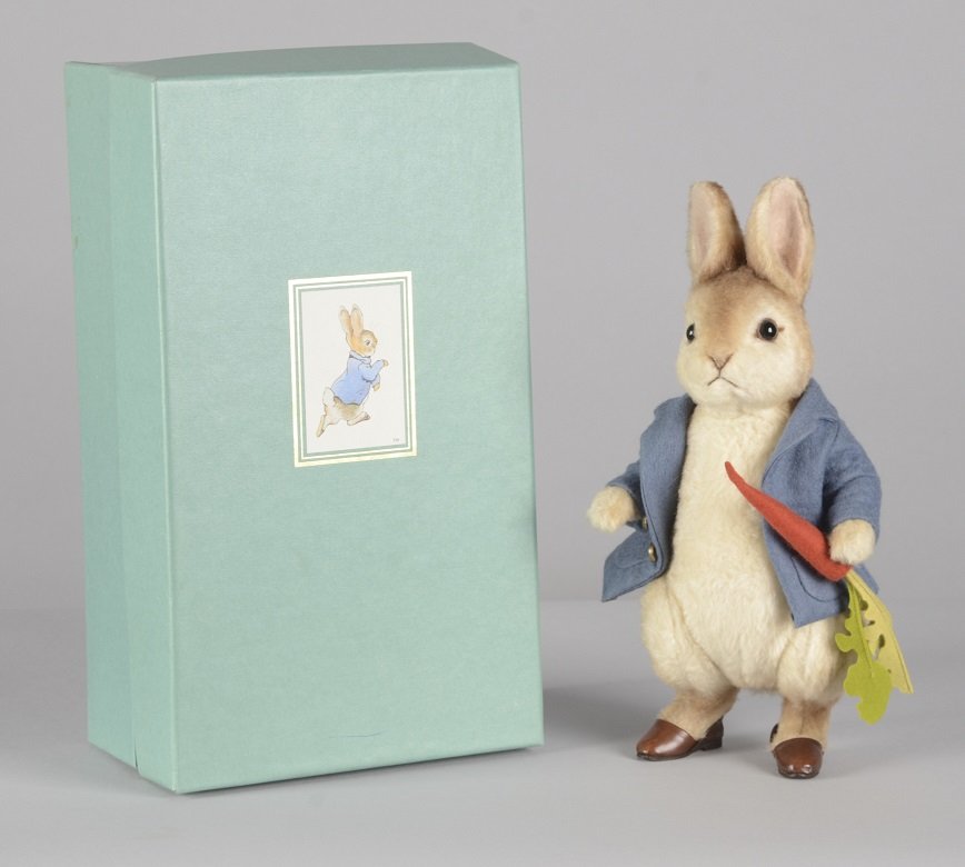 R. John Wright Peter Rabbit Doll: Collectible doll of Beatrix Potter's Peter Rabbit in original box. No. 647 of 2500. Condition (Near Mint Plus). Size 14" x 5" x 8"