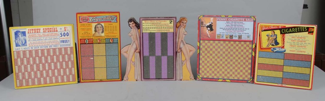 Lot Of 5: Unused Pin-Up Girl Cigarette Push Boards: Five unused push boards with pin-up themes offering prizes in cigarettes, packs of cigarettes, and cartons of cigarettes. Condition (Excellent). Size Largest: 10-1/2" x 12"