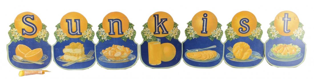 Sunkist Festoon Double Sided Advertising Sign: Both sides of the cardboard litho sign string together to spell "Sunkist". One side features orange fruit graphics, and the other features lemon fruit graphics. Made by Western Litho Co. Los Angeles C