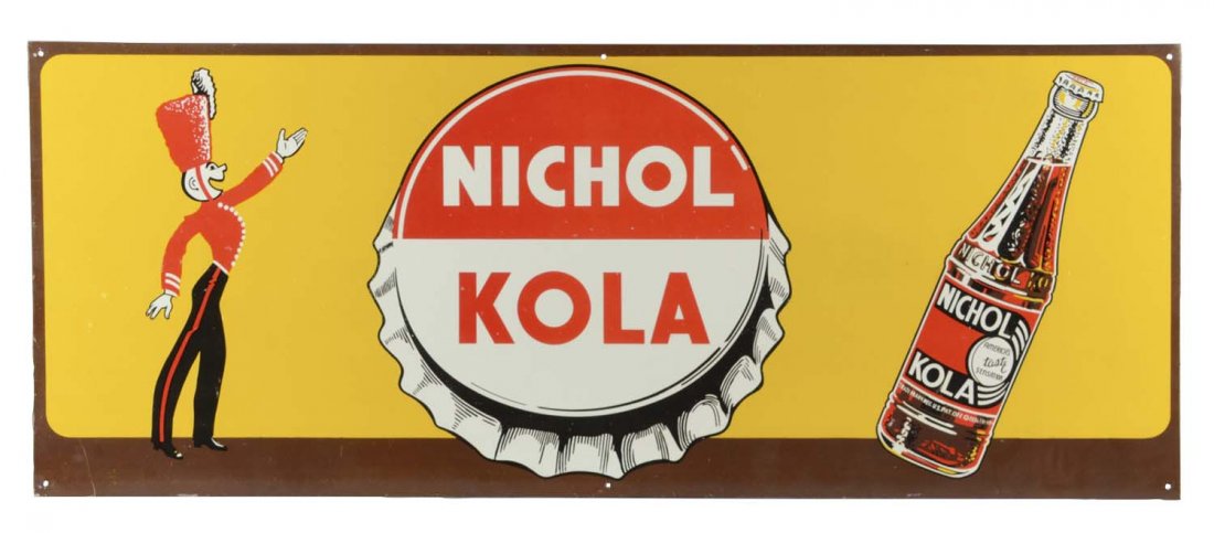 Nichol Kola Tin Litho Majorette Sign: This single sided sign has outstanding color and shine with only a few light scrapes in the field. Shows a bottle cap at the center, a majorette at the left, and a soda bottle at the right. Condition