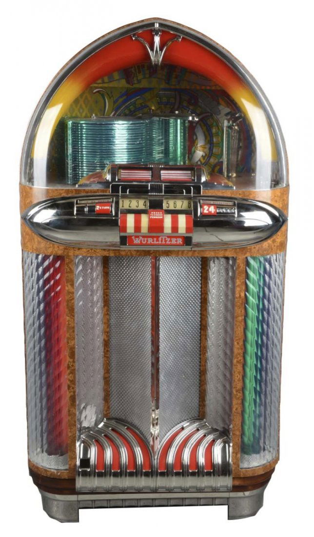 Multi-Coin Wurlitzer Model 1100 Phonograph Jukebox: This jukebox offers 24 selections on 45 RPM records. Serial number 2103011. Curved front plastic is in fantastic shape without cracks and textured lower plastics are flawless as well. This machine has