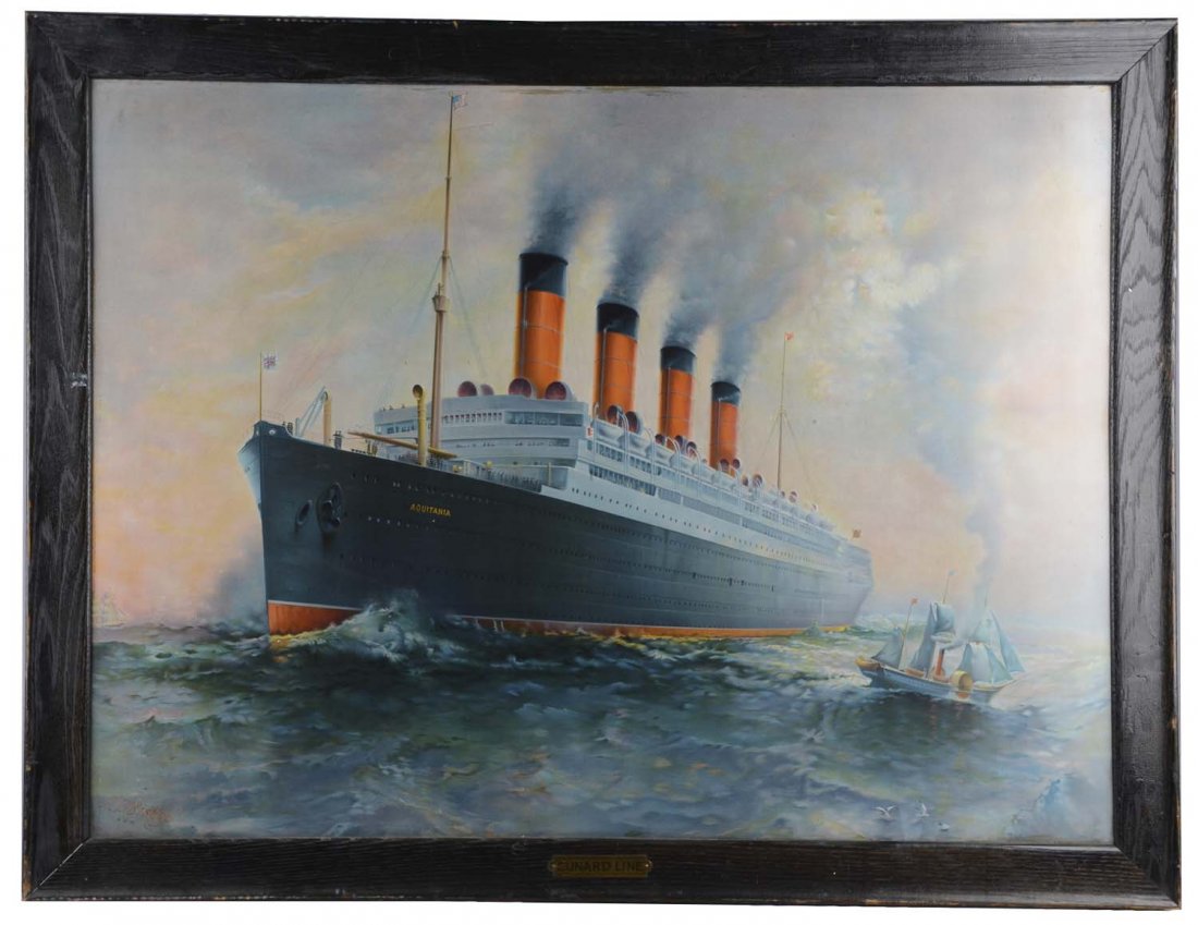 Tin Lithograph Of The RMS Aquitania In Frame (1 of 1)