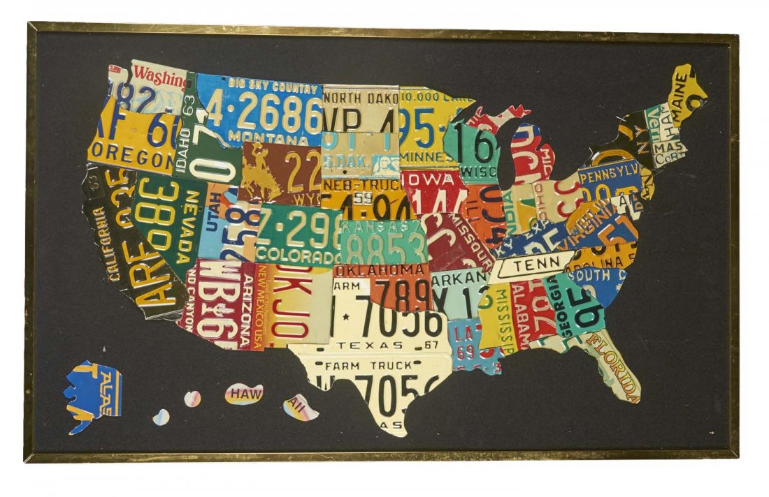 License Plate Collage U.S.A. Map In Frame: Each state is cut out of a vintage license plate from that state. Made by Robert Lee Miklues in 2009. Condition (Excellent). Size 51" x 31"