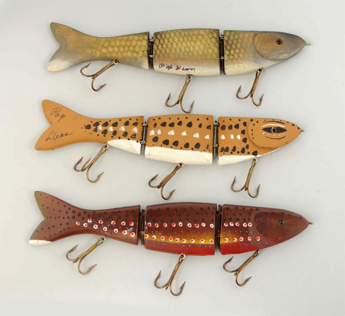 Lot Of 3: Pop Dean Musky Baits, Great Colors.: Three musky plugs from Pop Dean, all glass eyed Master Baits, all signed by "Pop" and all measuring 10". Colors include Walleye, Chipmunk, and Brook Trout. All are excellent condition.