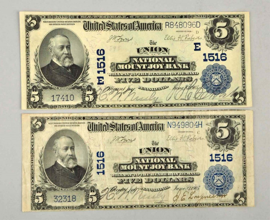 Lot of 2: $5 1902 Mt. Joy PA Notes. (1 of 2)