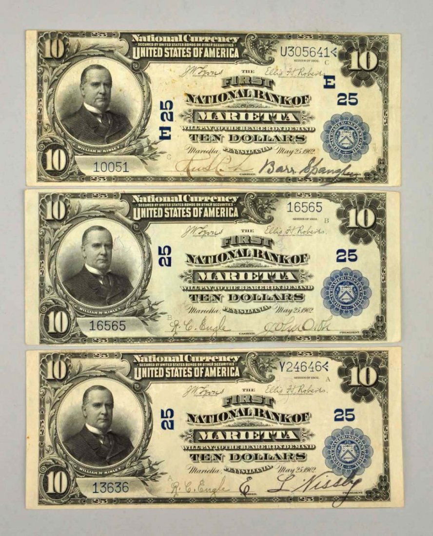 Lot of 3: $10 1902 Marietta PA Notes. (1 of 2)