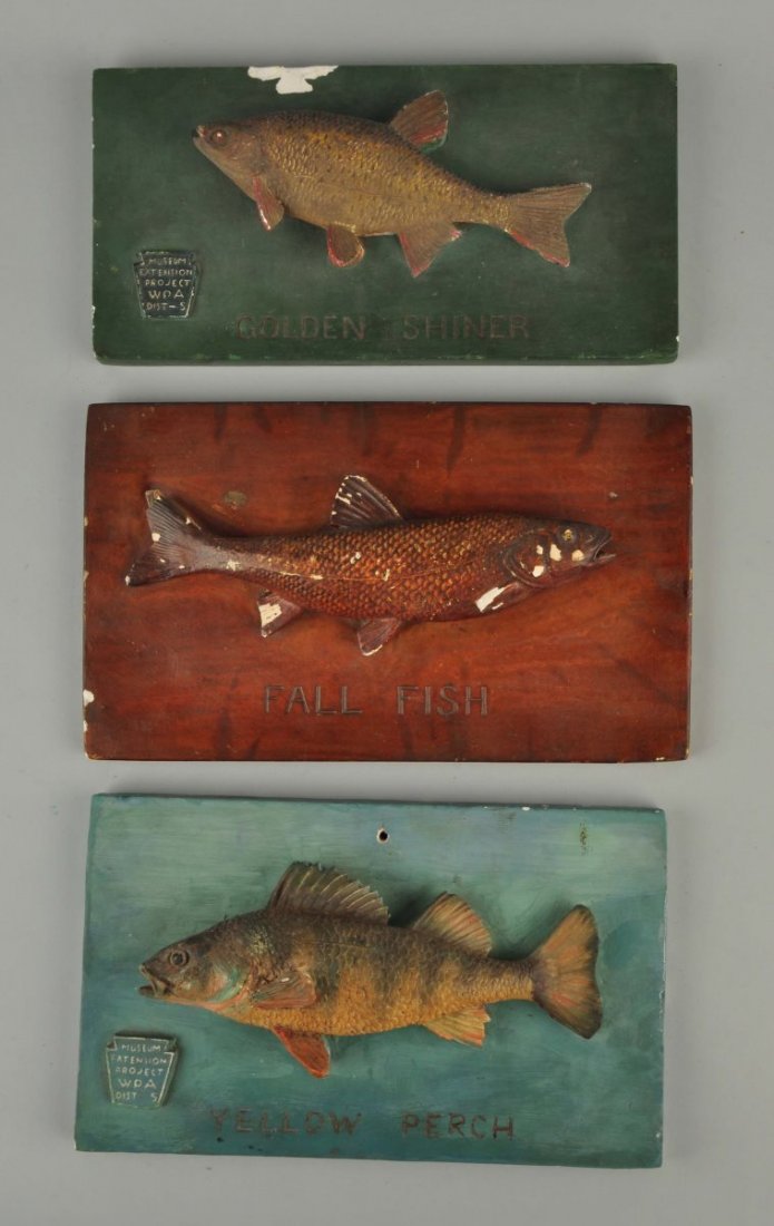 Lot Of 3: Pennsylvania Fish Plaques.: WPA, ceramic, or pottery, two with Pennsylvania logos, all approximately 13" x 7". Size 13-1/2'' x 8''.