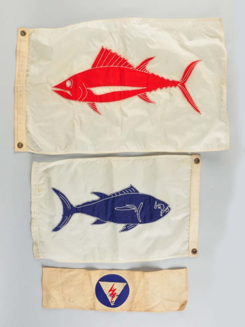Lot Of 3: Fishing Flags.: Two tuna catch flags and an unknown triangle/ lightening bolt example.