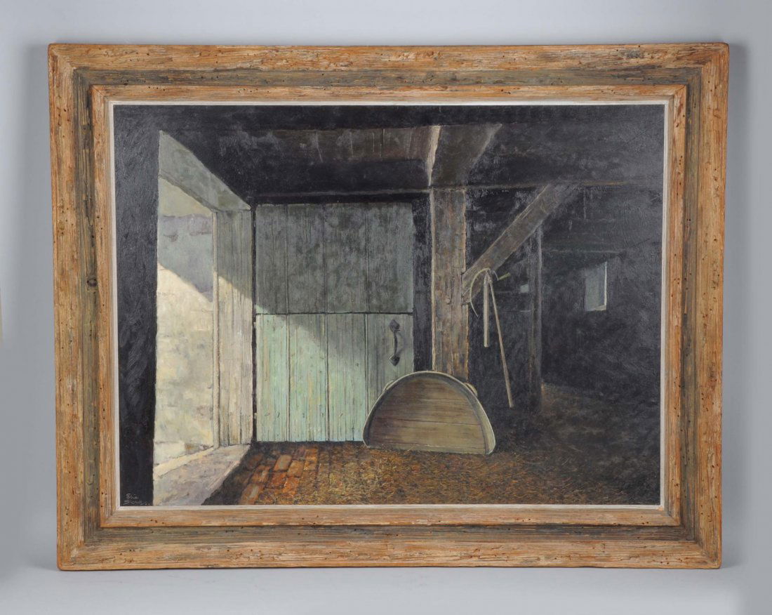 Eric Sloane (American, 1905-1985).: Barn Interior. oil on Masonite. signed on lower left. *Auction record high for this artist: $60,000, Shannon’s, 4/26/2007 Size 29" x 39".