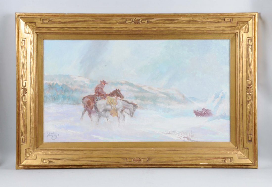 Charles Hargens (American, 1893-1977).: The Blizzard. oil on canvas. signed lower left. custom made, hand-carved, gold leaf, Taos style frame. Provenance: Ashley John Gallery, West Palm Beach, FL. Illustrated on page 42 of “Blue Chips”,