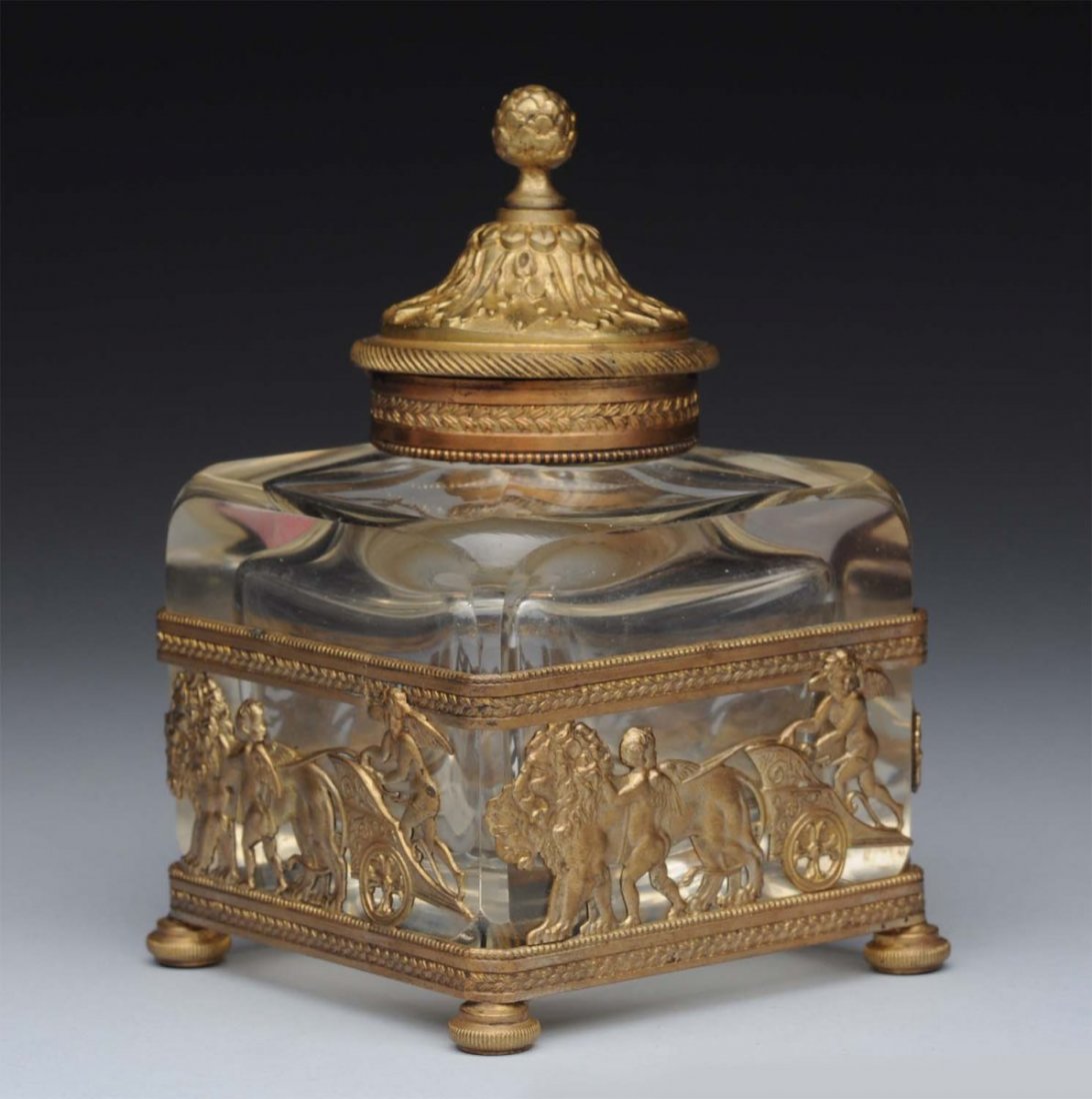 French Empire Bronze and Pressed Glass Inkwell. (1 of 3)