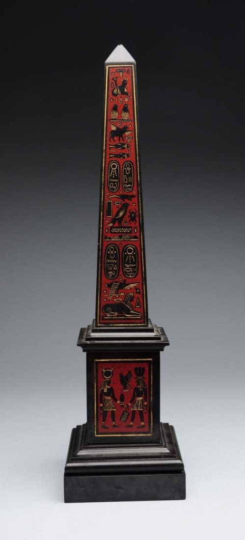 Egyptian Revival Etched Polychrome Obelisk.: Very nice item. Tip is chipped off. Beautiful etched in polychrome design. Condition (Very Good Plus). Size 22" T.