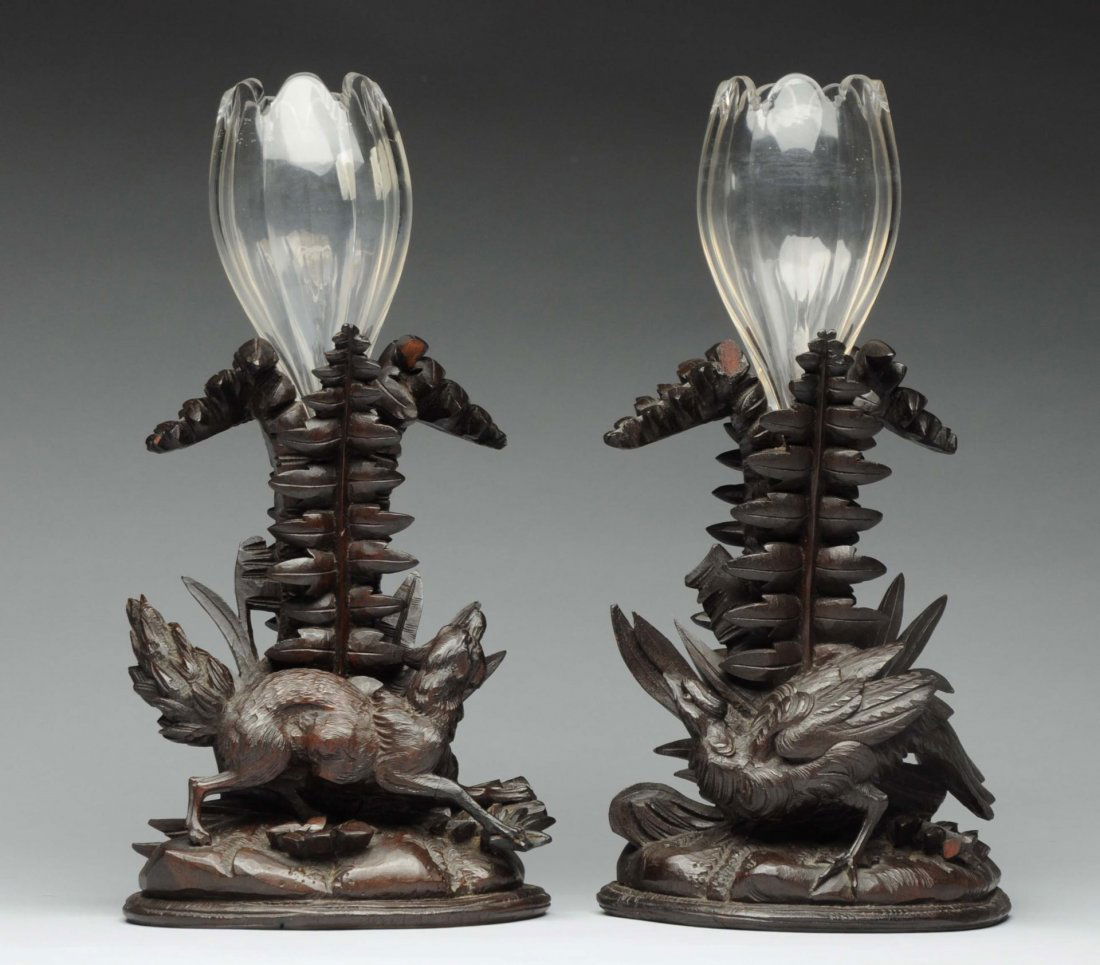 Pair of Caved Wooden Candlesticks with Animals. (1 of 3)