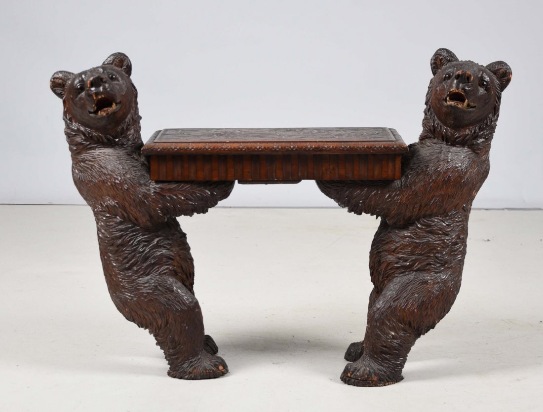 Black Forest Bear Music Box Seat.: Open mouth bears with tongues and teeth. Music box in seat. Some minor wear overall. Condition (Very Good). Size 36'' x 27''.