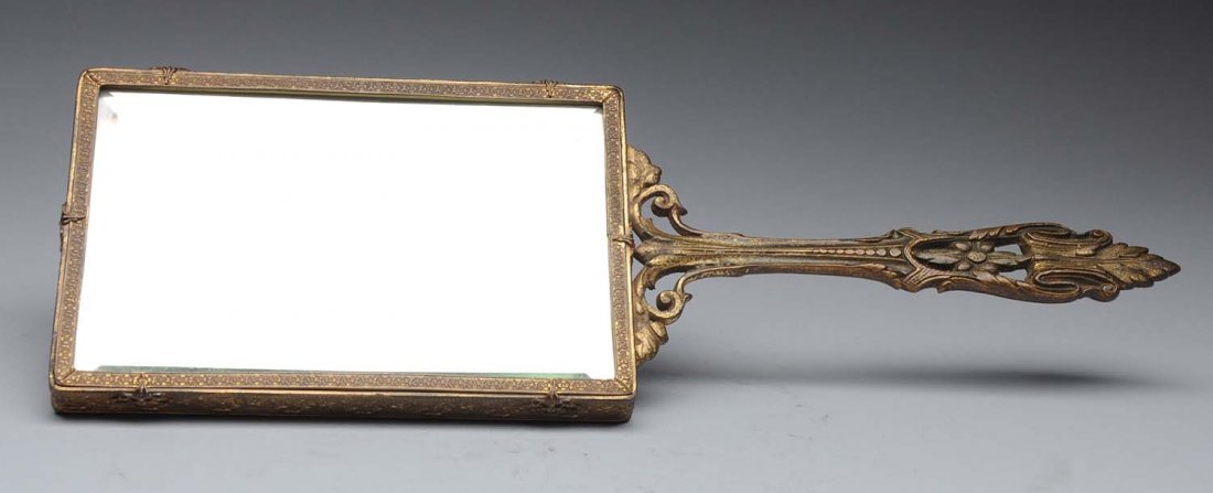 French Bronze Hand Mirror with Painting. (1 of 3)