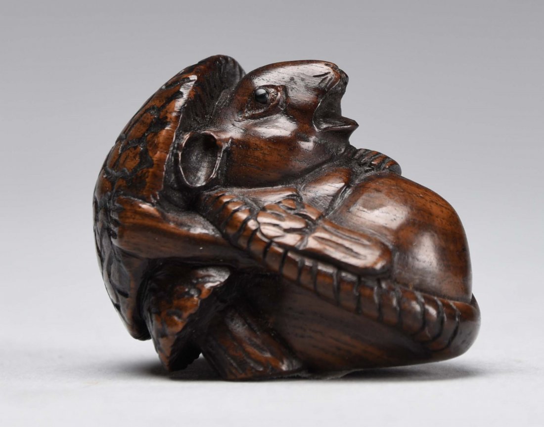Early Japanese Wood Netsuke of Rat & Mushrooms. (1 of 2)