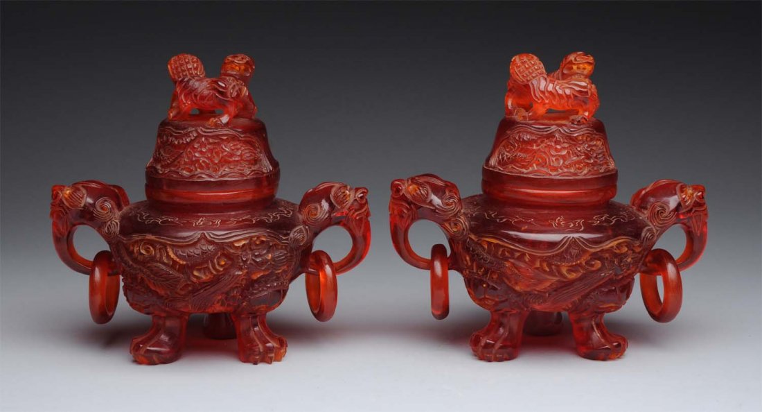 Lot Of 2: Resin Covered Amber Incense Pots.: Signed on the bottom in Chinese. Well made with minor wear. Condition (Near Mint). Size Each : 8" T.