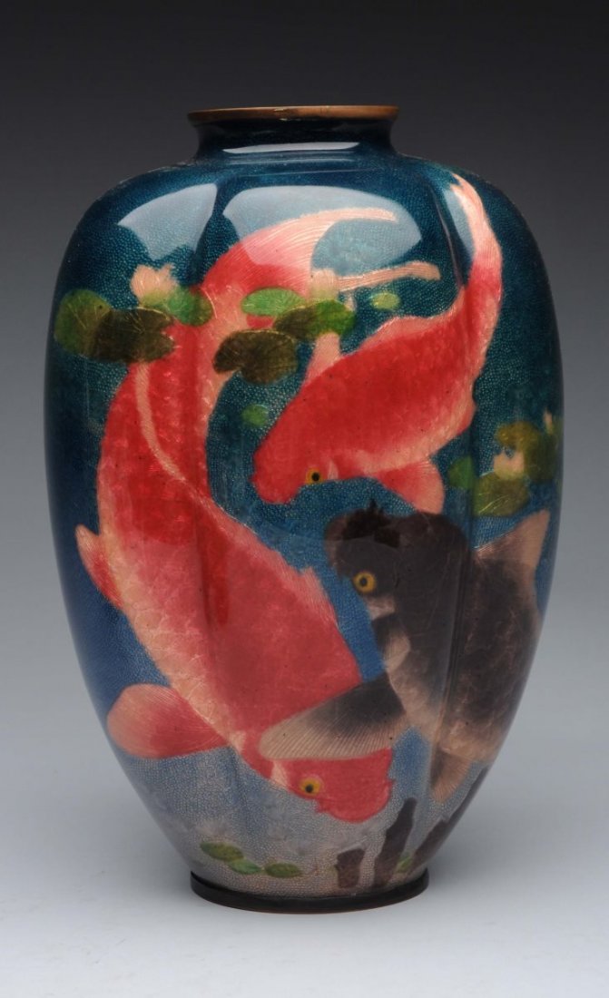 Signed Wireless Japanese Cloisonne Vase.: Has wonderful designed of Koi fish in beautiful colors. Stamped on bottom. Copper rim and base. Vase is exceptional quality. No cracks, hairlines, enamel loss and restorations. Condition (Near Mint).