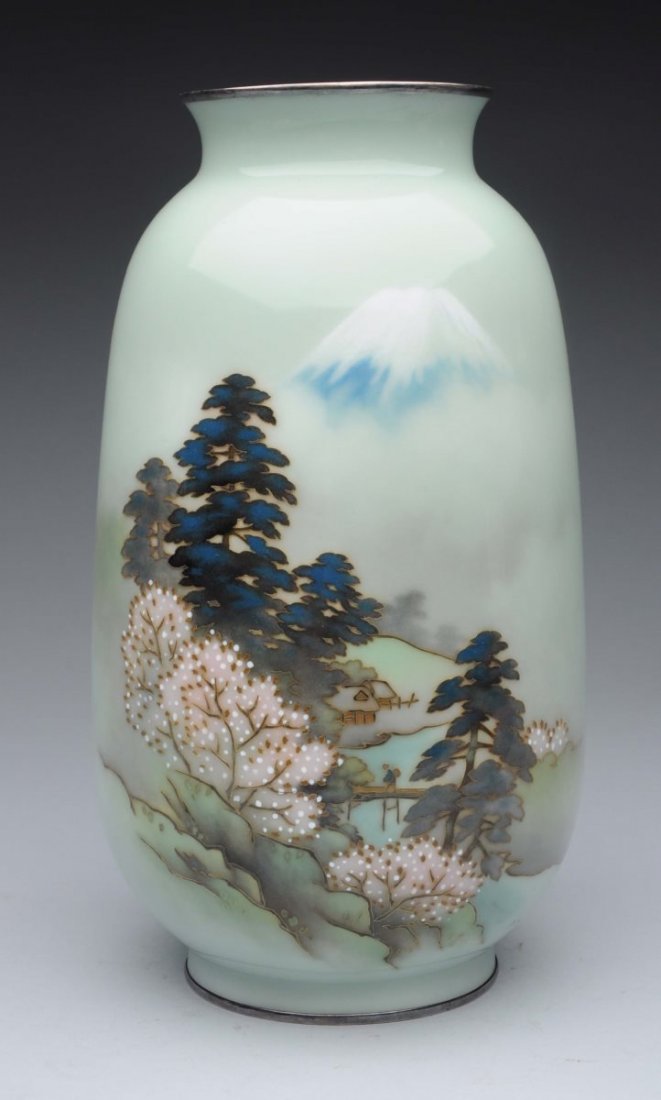 Rare Japanese Wireless Cloisonne Vase.: Beautiful vase with mountain and valley scene. Ando mark on the bottom. Condition (Excellent Plus). Size 10'' T.