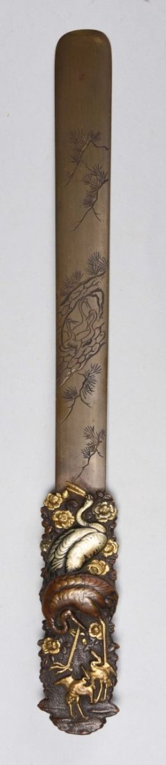 Japanese Bronze & Mixed Metals Letter Opener.: There are beautiful etched designs in the blade. The handle shows cranes and seagulls and has a makers mark attached. Condition (Excellent). Size 12-1/4'' L.
