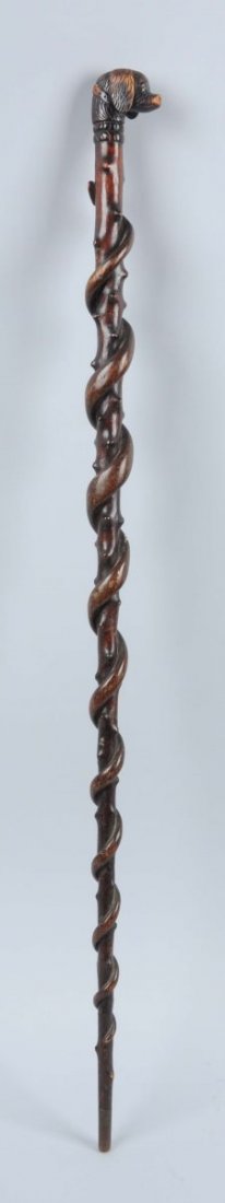 Folk Art Carved Walking Stick with Snake & Dog. (1 of 4)
