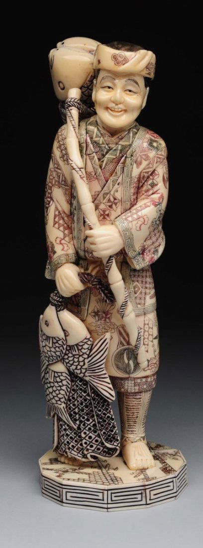 Chinese Carved Ivory Man with Fish. (1 of 5)