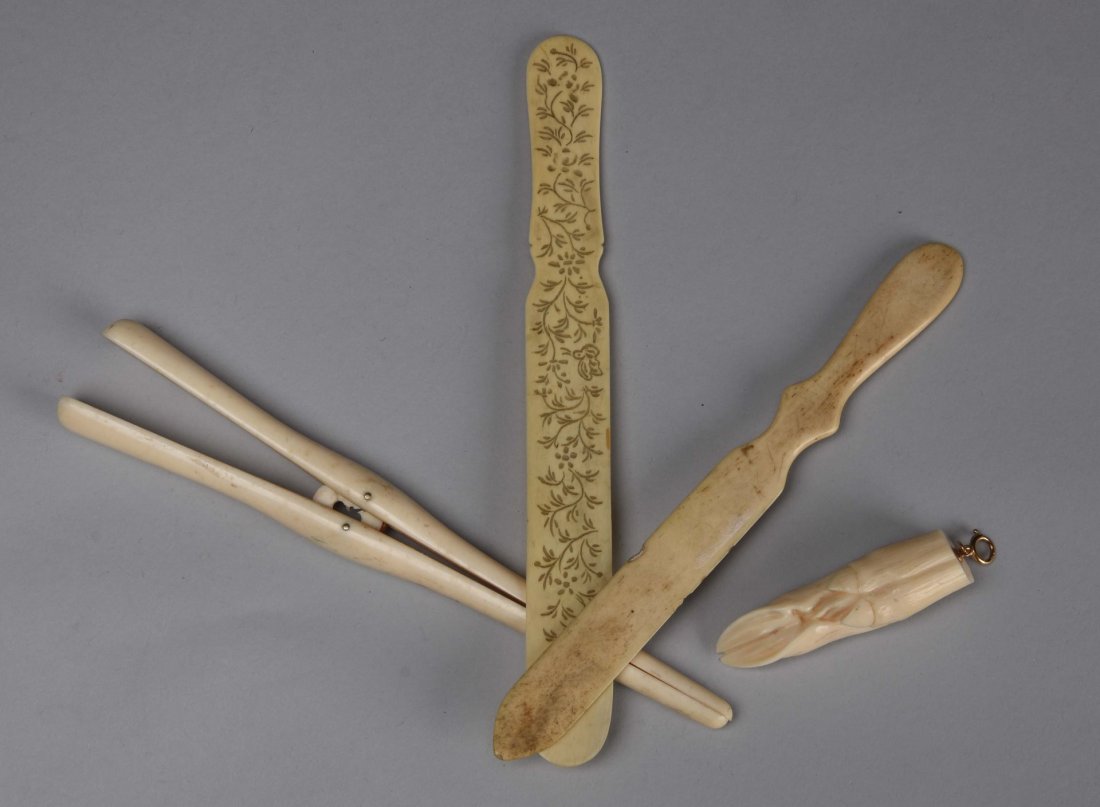 Lot of Antique Ivory Letter Openers.: Also included is one bone glove stretcher. Moderate wear on the letter openers with a few hairline cracks. One plain letter opener. Other two are fine. Condition (Very Good). Size Largest: 8-1/4'' x 1