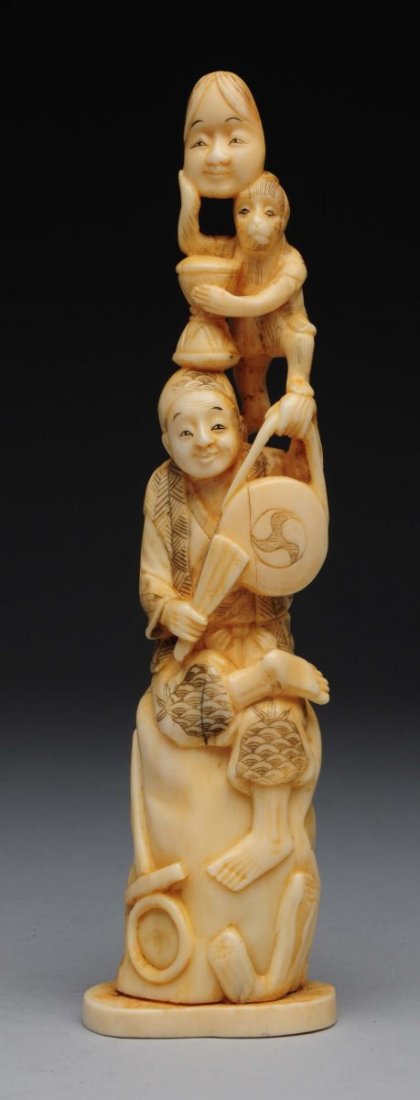 Japanese Carved Ivory Man with Monkey. (1 of 5)
