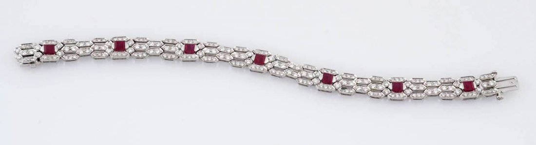 Sophia D. Ruby Diamond & Platinum Bracelet.: RBC diamonds approximately 4.25 cts. Rubies approximately 3 cts. 20.2 dwts. Size 7-1/8" L.