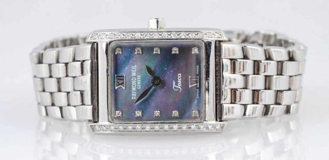 Raymond Weil Stainless Steel & Diamond Watch.: Tosca watch with a Mother of Pearl and diamond dial.