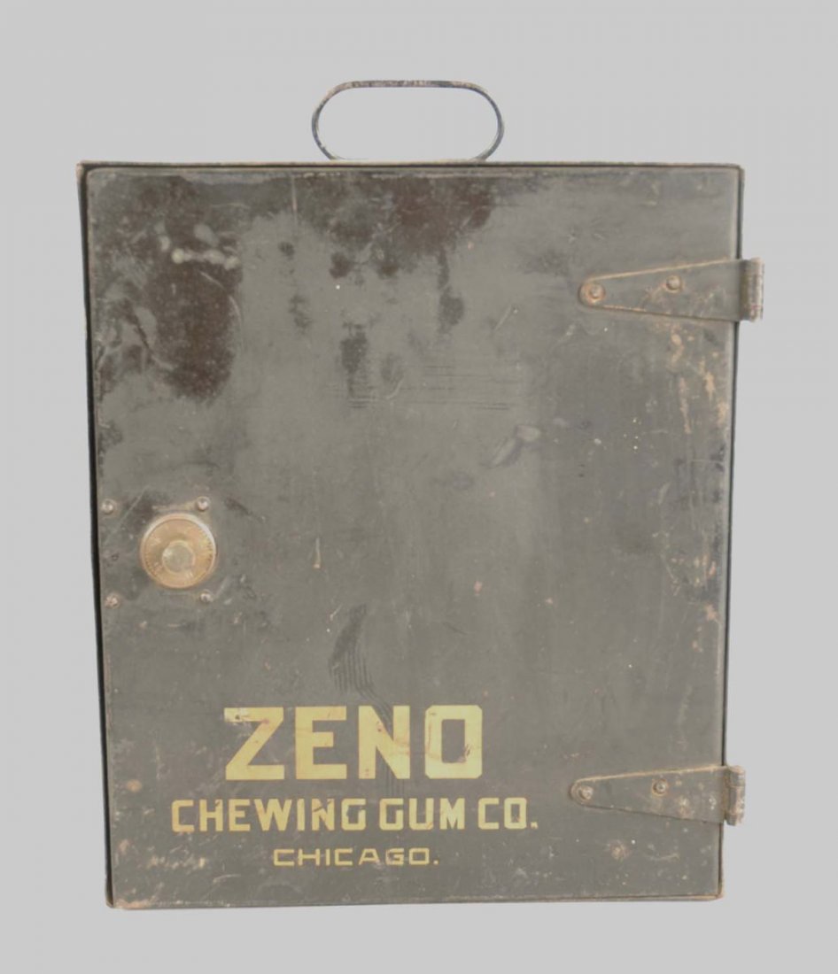 Zeno Chewing Gum Safe.: Small light weight safe with Zeno identification on front. Typical overall wear. Condition (Very Good). Size 13-1/2'' T.