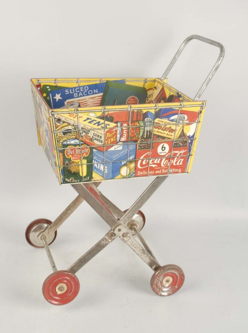 Child's Advertising Shopping Cart-Coca-Cola.: This child's shipping cart depicts numerous products including Coca-Cola, Post Cereal, Jolly Time popcorn, Swift Hams, and many others. Minor wear and tarnishing to chrome parts. Condition (Very Good)