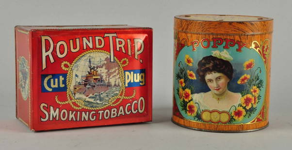 Lot Of 2: Tobacco & Cigar Tins.: This lot includes a round trip tobacco tin and a poppy cigar tin. Very minor wear to both. Condition (Very Good Plus). Size Largest: 5-3/4'' T.