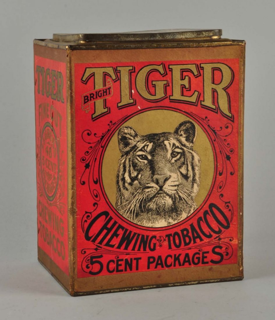 Tiger Chewing Tobacco Cardboard Tin.: Minor wear to label, but aging to cardboard and tarnishing to lid. Condition (Very Good). Size 6-1/2'' x 8'' x 10-1/2''.