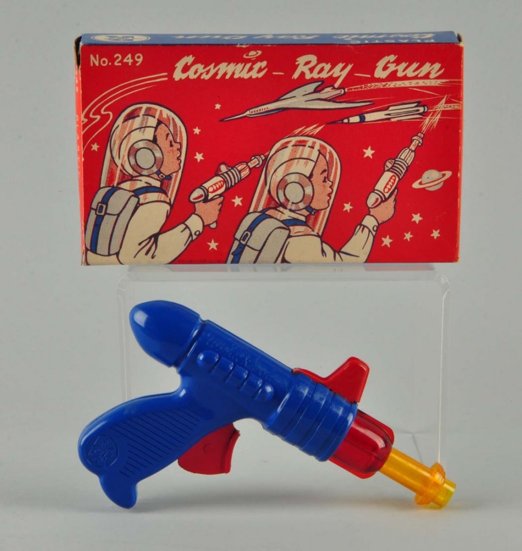 1950s Plastic Cosmic Ray Gun In Box.: This Cosmic Ray Gun is in great condition as is the accompanied box. Great graphics on the box. Condition (Excellent). Size 8" L. x 5" T.