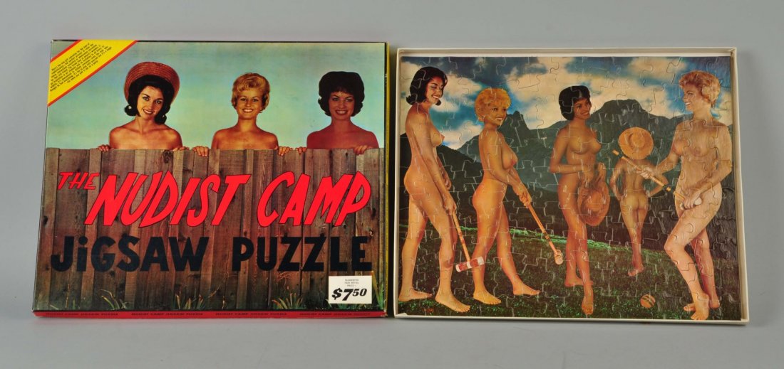 1960s Nudist Camp Jigsaw Puzzle in Box.: Great item depicting five nude young ladies playing croquet. Minor wear only. Condition (Very Good Plus). Size 14 - 1/2" T. x 17 - 1/2" L.