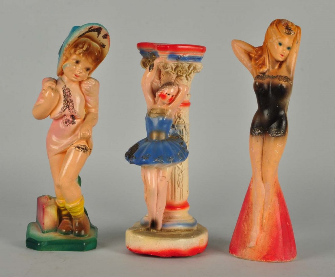 Lot Of 3: Pretty Girl Chalk Figures.: This lot includes a swimsuit girl, a ballerina at column, and a hitchhiker girl. Hitchhiker's thumb is broken off. Minor wear otherwise. Condition (Very Good Plus). Size Largest: 13" T.